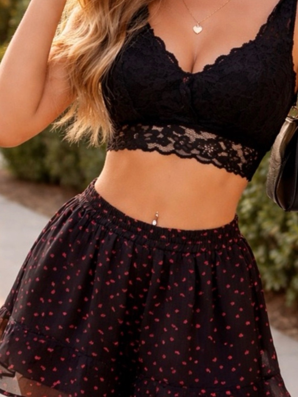 ESQUALO Black Layered Ruffled Mini Skirt with lace Crop Top